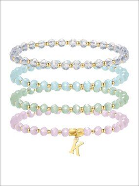 Crystal Bead Stretch Bracelet Set Initial Letter Charm 16K Gold Plated